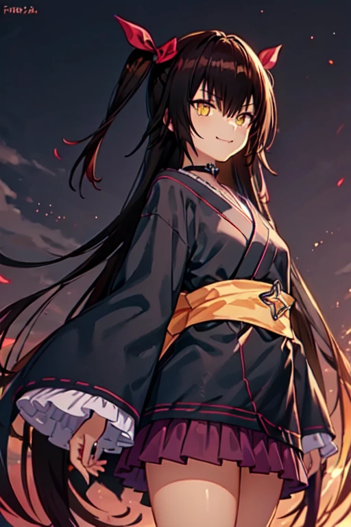 nemesis,best quality, long hair, black hair, two side up, hair ribbon, tan,. dark skin, black choker, frills, japanese black clothes, obi, purple hakama short skirt, standing,evil smile