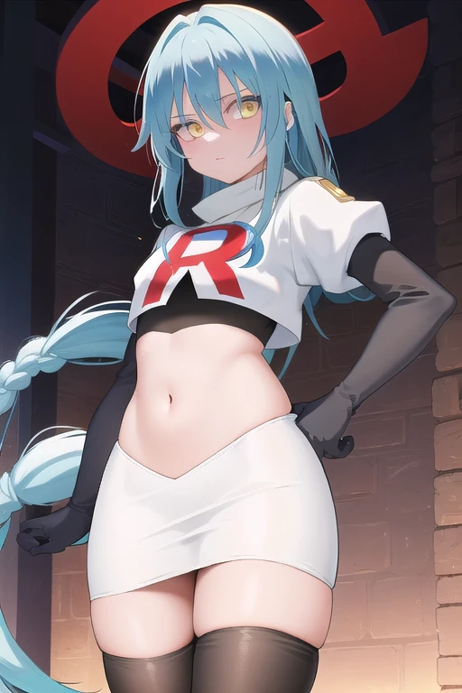nejire hado, 1girl, solo, long hair, breasts, looking at viewer, smile, open mouth, bangs, blue eyes, medium breasts, very long hair, blue hair, :d, team rocket,team rocket uniform,white skirt,crop top,black thigh-highs,black elbow gloves