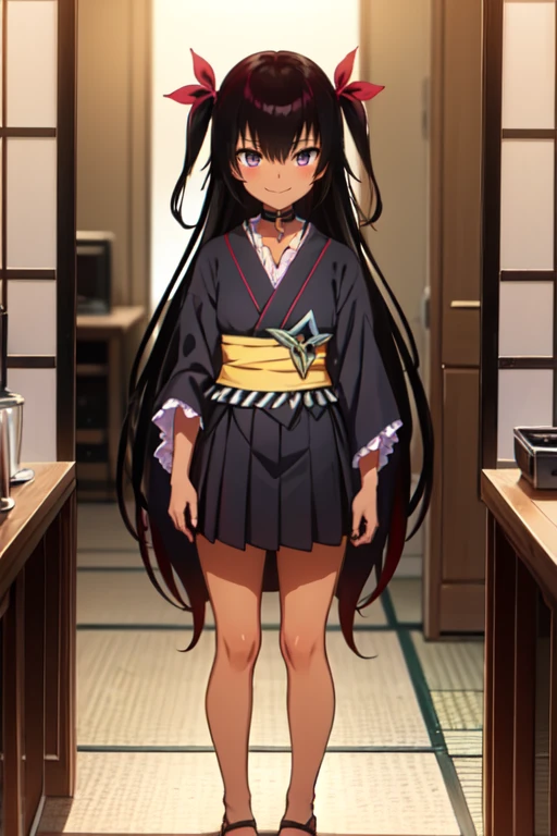 nemesis,best quality, long hair, black hair, two side up, hair ribbon, tan,. dark skin, black choker, frills, japanese black clothes, obi, purple hakama short skirt, standing,evil smile