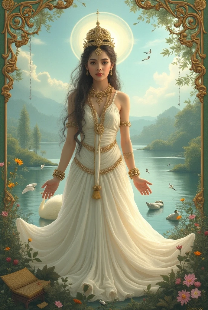 Indian god Saraswati stand up a flower 