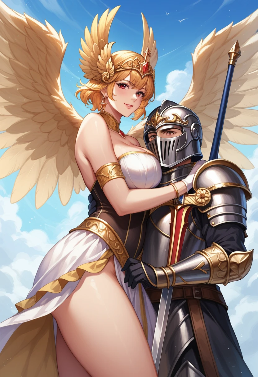  The best quality,  lonely mature woman , many curves, seductive, black armor, corona de flores, Gold jewelry, goddess, big white wings , warrior girl wearing helmet , closed helmet, helmet covering your mouth, winged helmet, winged helmet, Spartan helmet, winged helmet a los costado, short golden hair,  short hair, thin bangs, red eyes,  in her left hand she holds a long sword,  in her right hand holds a battle axe, lleva una black armor completa, a human warrior .