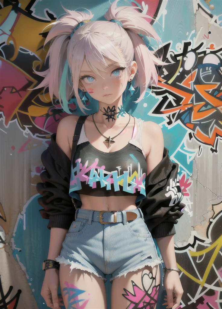 masutepiece, Best Quality, Realistic, One Woman、a blond、Solo, croptop , Denim shorts, a necklace、Black long boots、 (Graffiti:1.5), Paint splashes, behind arms, against a wall, gaze at the audience, Armbands, Thigh straps, paint on body, Head tilt, boredom, multicolored hair, aqua eyes,