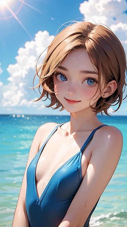 highest quality、realistic、Japanese、girl、zoom、look up、cute、Turquoise eyes、very short hair、boyish、chestnut hair、all back、The forehead is out、Ocean、swimsuit、A big smile、close up face、slender、small breasts