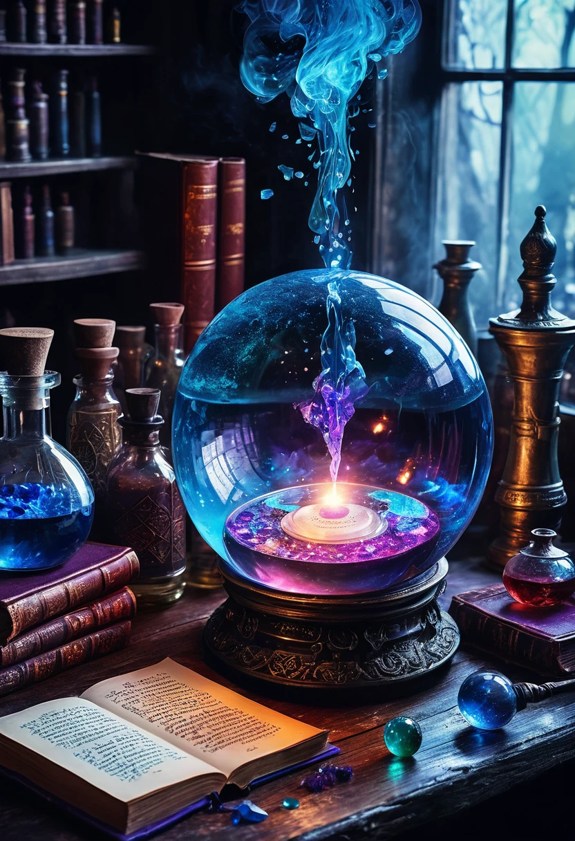 A painting，Illustration poster， Abstract Realistic Oil Painting Style Cover， magic theme ，Blue tint， is full of magic，Magic crystal ball， has an open magic book on the desktop， is surrounded by many colored potions ，magical potions，Magic Potion， fantasy painting ，The Witcher Lab ， casting potions ， magical items ，Magic spells ，The mantra health potion painting ， casting potions ，Fantasy Alchemy Lab 