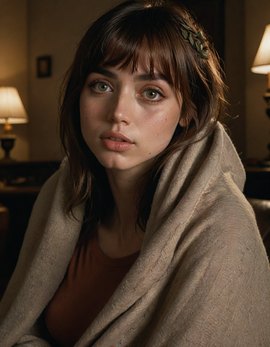 a woman j0i with bangs, sitting in a chair wrapped in a blanket, (best quality,4k,8k,highres,masterpiece:1.2),ultra-detailed,(realistic,photorealistic,photo-realistic:1.37),detailed face,detailed eyes,detailed lips,beautiful detailed face,beautiful detailed skin,beautiful detailed eyes,beautiful detailed lips,long eyelashes,soft lighting,warm color tones,cinematic lighting,chiaroscuro lighting,highly detailed,photorealistic,concept art,studio lighting