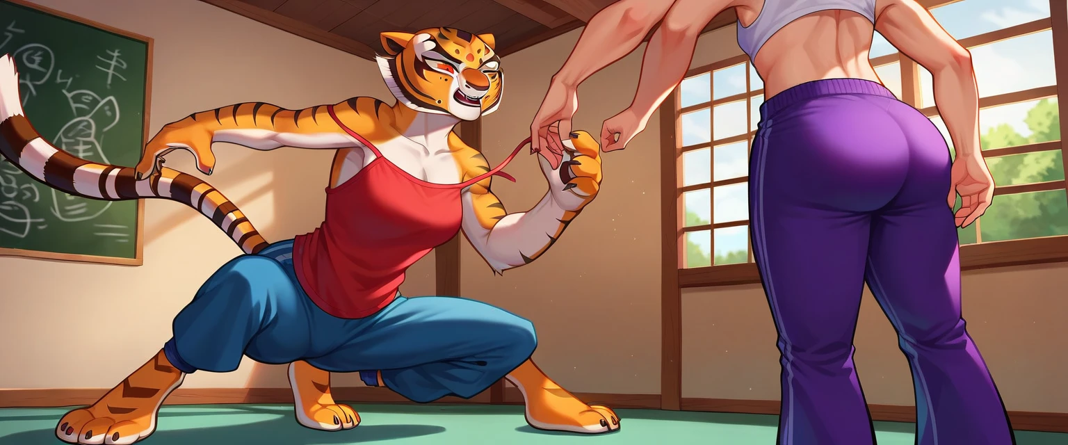 (Caucasian ethnicity) masterpiece , 4K, high quality, tigress\(kung fu panda\), ass fetish, 2 lesbians , purple pants, loose pants , nylon pants,  martial arts pants , blouse, bare shoulders , home,  lesbian girl smells the horror of her lesbian teacher's ass