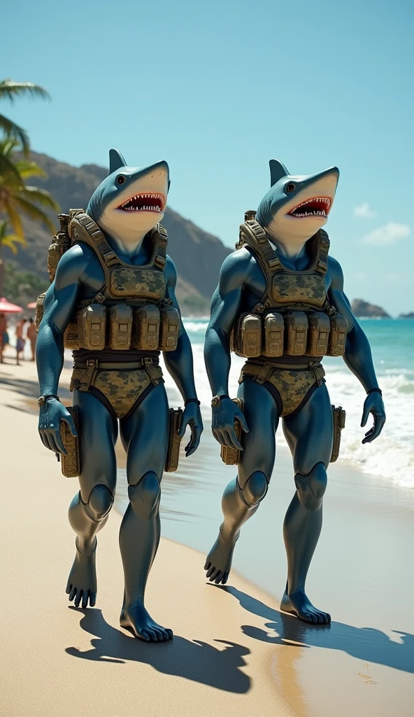 Three muscular shark men, each with a unique style and personality, standing tall and proud on a deserted beach.