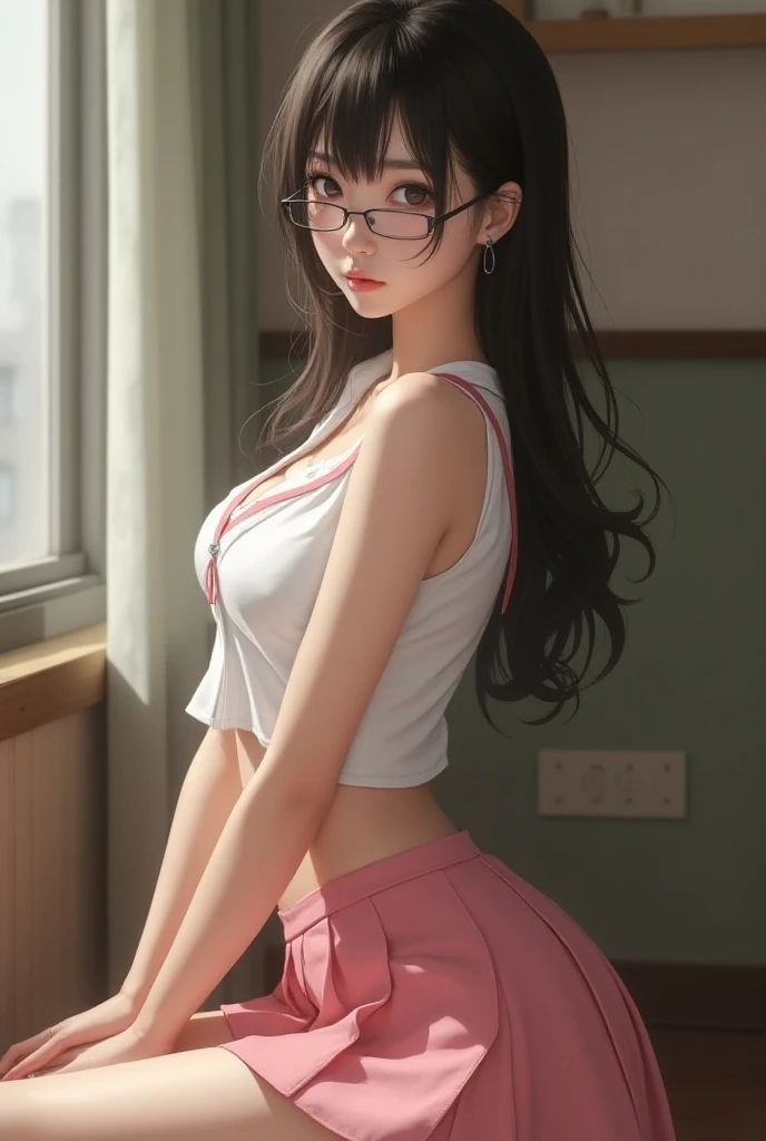 (best quality,4k,8k,highres,masterpiece:1.2),ultra-detailed, anime style, line art, slim thicc waifu:1.5, bedroom background, waifu, seductive expression:1.2, ((maroon hair)), brown eyes, pretty, gorgeous, beautiful, fat ass, long eyelashes, scars, freckles, glasses, blushing, blush, cute, shy, curly hair, neat ponytail, seductive pose, 