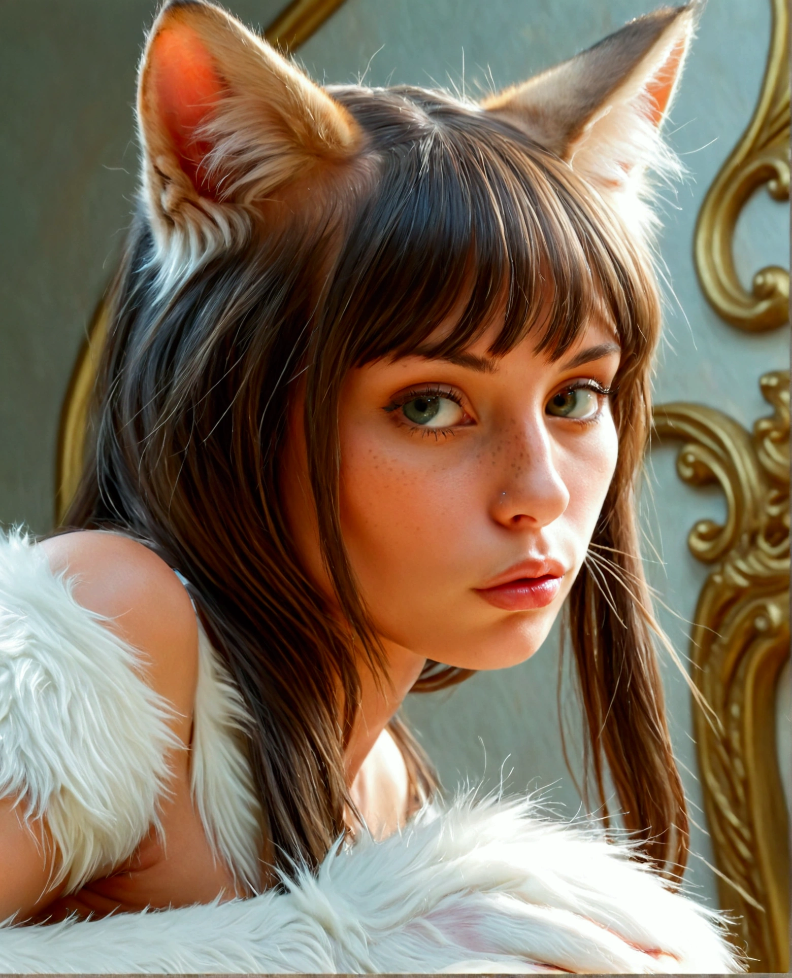 A fantasy woman-cat hybrid, large female buttocks, female breasts, four paws, fur, cat-like face with human features, (best quality,4k,8k,highres,masterpiece:1.2),ultra-detailed,(realistic,photorealistic,photo-realistic:1.37),fantasy art,highly detailed face, detailed anatomy, detailed texture, intricate details, dramatic lighting, cinematic composition, dynamic pose, vibrant colors, oil painting style, spotted fur