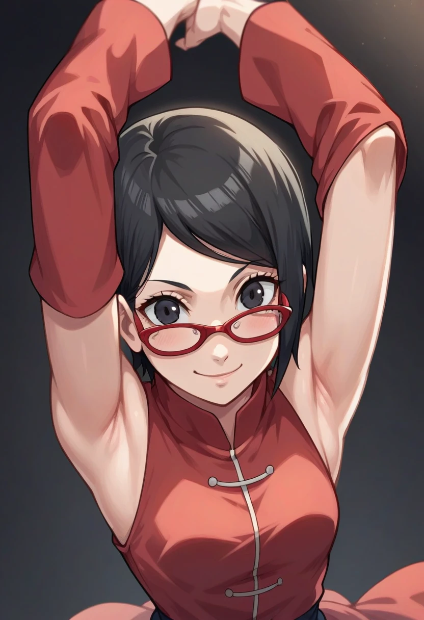 score_9, score_8_above, score_7_above, source_animated, Sarada Uchiha,  short hair,  black hair ,  black eyes , Red-framed glasses, glasses, swept bangs,  looking at the spectator,  eye contact with the spectator, smile, presumed, boca cerrada, light blush,  bare shoulders , detachable sleeves, black detachable sleeves, cremallera, dress, red dress,  black background , arms above,  Arms raised , armpits