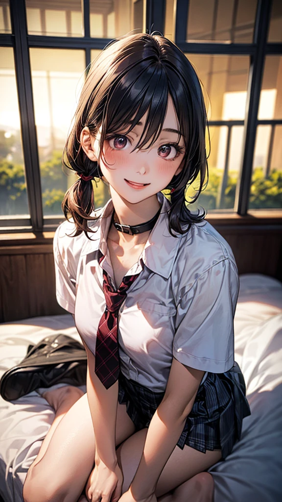 (masterpiece:1.2, Highest quality), (Realistic, photoRealistic:1.4), Beautiful illustrations, (Natural Side Lighting, Cinema Lighting), Browsing Caution, 
View your viewers, 1 person, Japanese, high school girl, Perfect Face, Cute and symmetrical face, Glowing Skin, 
(Mid-length hair:1.5, (Both sides up:1.2), Gray purple hair), Hair between the eyes, Slanted Eyes, Purple eyes, Long eyelashes, (Large Breasts), thin, Dark red hair ribbon, 
Beautiful Hair, Beautiful Face, Beautiful attention to detail, Beautiful clavicle, Beautiful body, Beautiful breasts, Beautiful thighs, Beautiful feet, Beautiful fingers, 
((White collared shirt, Grey box pleated mini skirt), Dark red bow tie), squat, Tilt your head, (Cute smile, Open the mouse), Simple Background, 