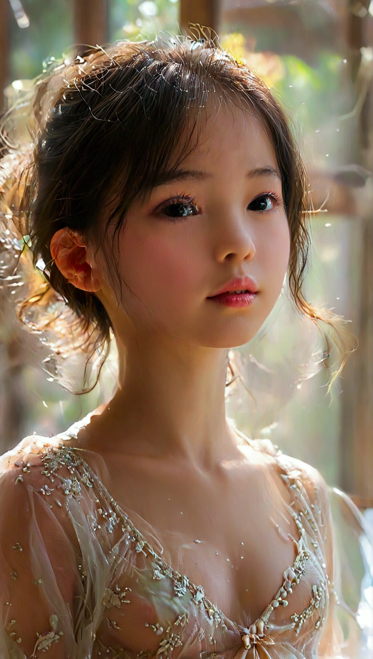 Masterpiece, UHD, 8K, most beautiful asian girl in the world, cute girl, age 9, ((very flat chest:1.4)), pale skin, juvenile-girl physique, elementary_school-girl physique, charming girl, sheer fabric attire, sheer fabric, translucent clothes, standing, from below, act very pretty, show off her sensitive-part, flawless, anatomically correct