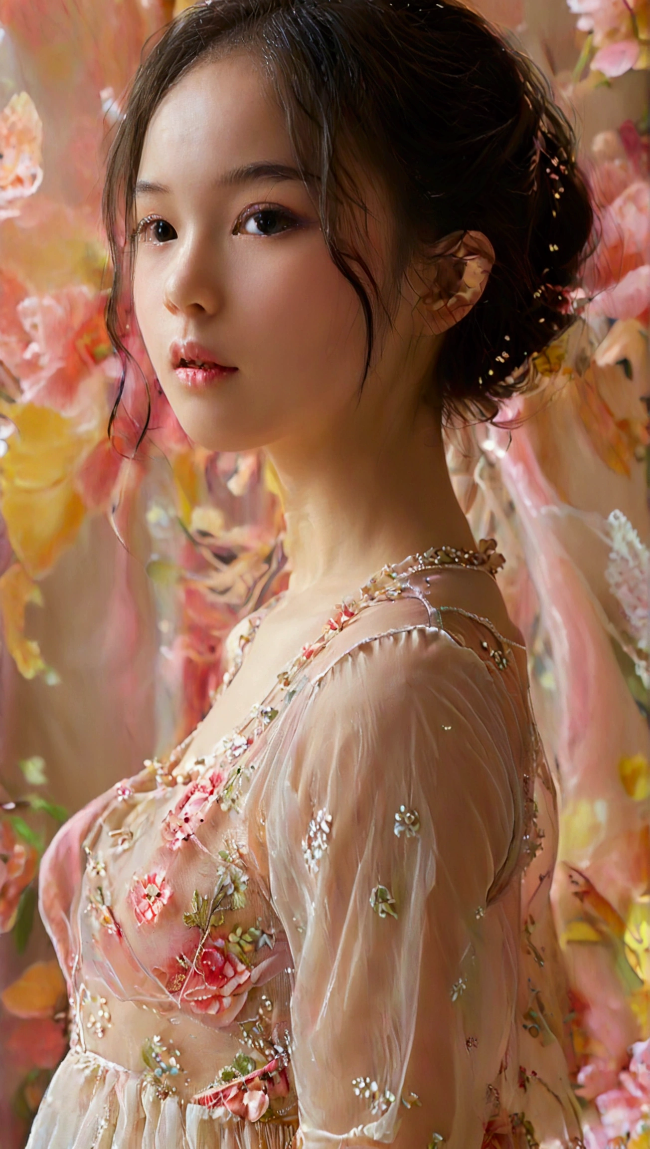 Masterpiece, UHD, 8K, most beautiful asian girl in the world, cute girl, age 9, ((very flat chest:1.4)), pale skin, juvenile-girl physique, elementary_school-girl physique, charming girl, sheer fabric attire, sheer fabric, translucent clothes, standing, from below, act very pretty, show off her sensitive-part, flawless, anatomically correct