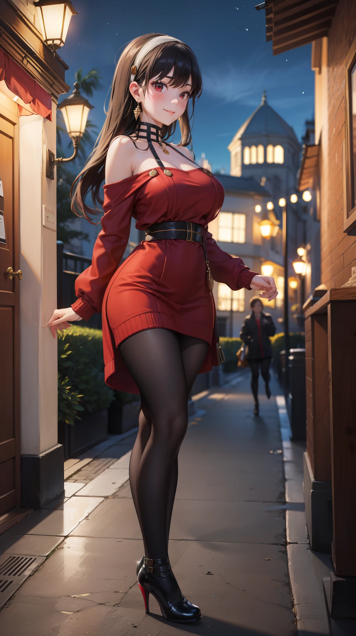 Masterpiece, ultra detail, high quality, 8k cg, blush, bright eyes, standing, outdoors, smile, (night:1.5), slim body, narrow waist, large breast,yor briar, long hair, black hair, red eyes, off shoulder, red sweater dress, pantyhose, earrings (escotada) (heels) (desnuda) ( exposed skin) ( shiny ceramic skin ,  pushed out of the background ,  front view , brightly illuminated , ultra realista)) obra maestra, La mejor calidad,