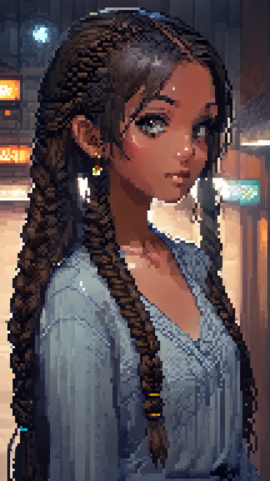 pixel art, girl, detailed drawing,  long hair in a braid, Casual clothing, Retro game , detailed drawing,  black hair , reflections in hair ,  brown skin ,  brown eyes