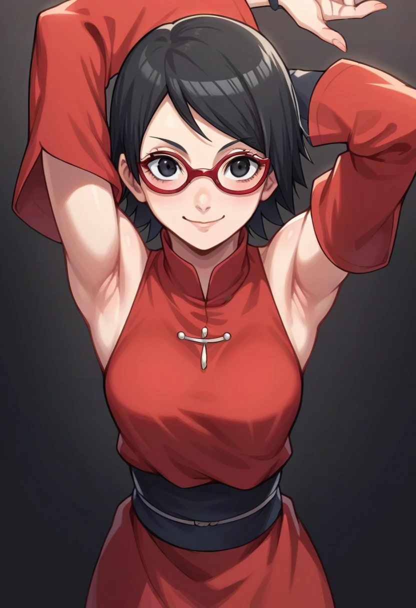 score_9, score_8_above, score_7_above, source_animated, Sarada Uchiha,  short hair,  black hair ,  black eyes , Red-framed glasses, glasses, swept bangs,  looking at the spectator,  eye contact with the spectator, smile, presumed, boca cerrada, light blush,  bare shoulders , detachable sleeves, black detachable sleeves, cremallera, dress, red dress,  black background , arms above,  Arms raised , armpits