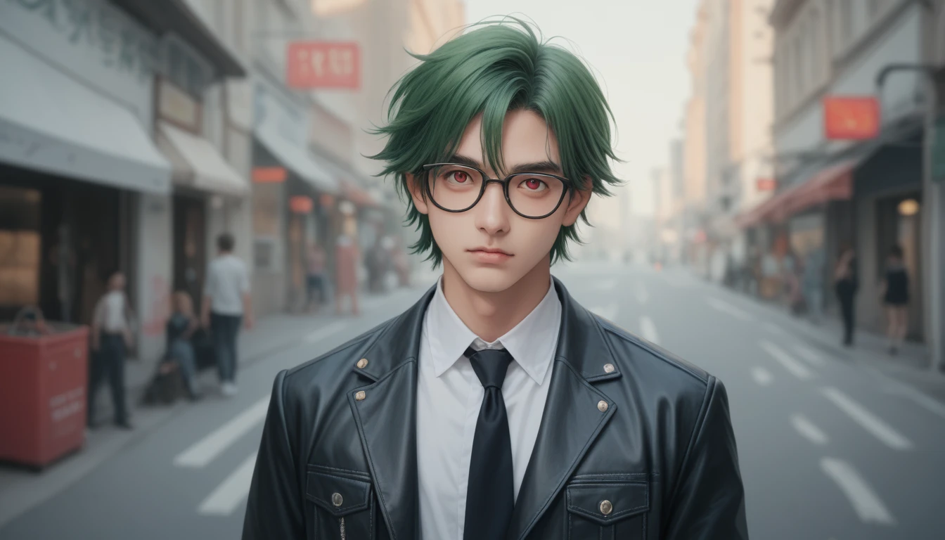 male, Glasses, Long Green Hair, red eyes, Leather clothing,  pocket