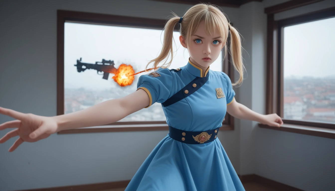 masterpiece, Best Quality, Bubble,  blue dress,  Blonde Twin Tails ,  pretty face,  highly detailed eyes that can be seen underfoot, Intense gaze, Combat pose,  from window , A distant fire, Rising Smoke, 