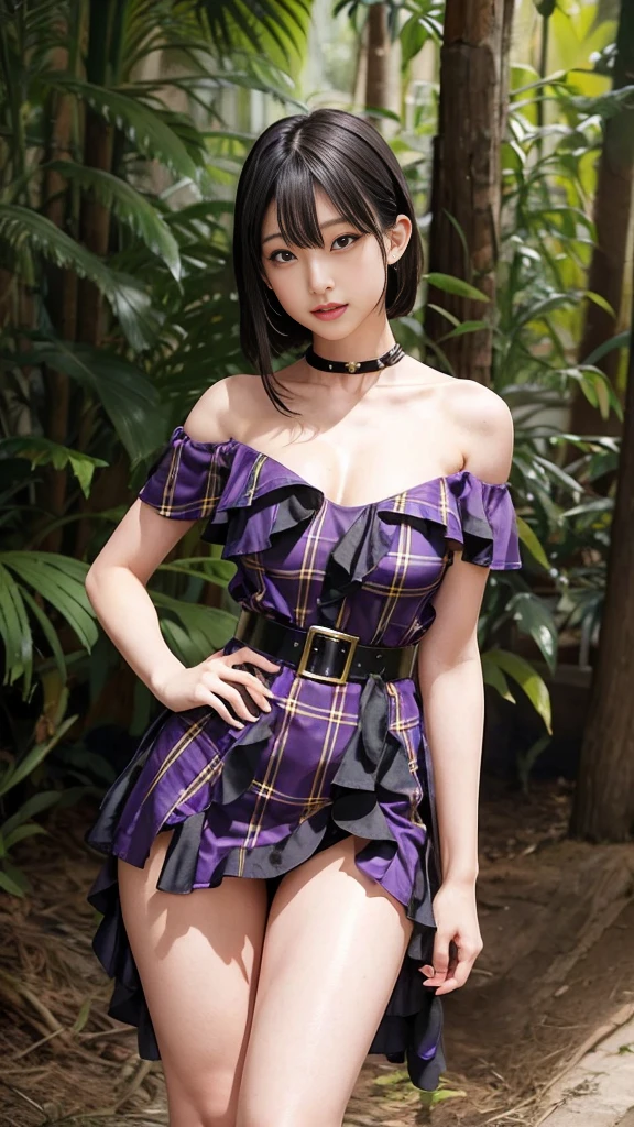  Gorgeous idol knight girl、whole body、　Good style、、Small breasts、Small breastsの谷間、、 slender、 cowboy shot 、Checkered panties、 angle from the front down、、Thick legs、、 Plaid Tight Off-the-Shoulder Dress （ gold）、   Shiny Purple Armor Shirt 、Sparkling Belt  、 sexy look、  random sexy pose、