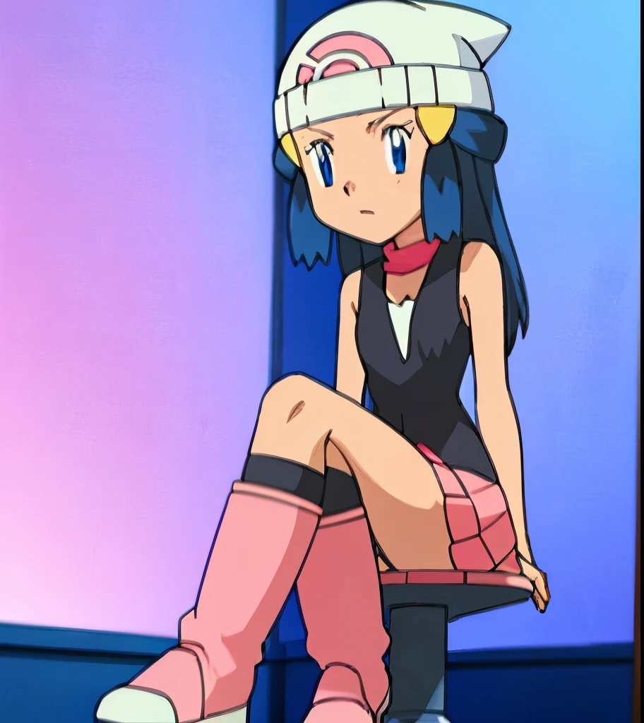 masterpiece, best quality, 1girl, dawn \(pokemon\), beanie, long hair, blue hair, blue eyes, black sleeveless shirt, pink scarf, pink skirt, pink boots, smile, looking at viewer, forest background