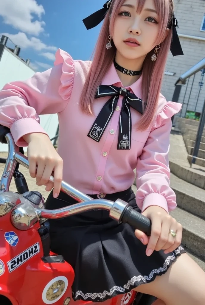 1Girl,gal,wide shot,(Akira Bike),Woman riding a motorcycle,make-up,portrait photo,(gold,pink hair,two-tone hair),long hair,black ribbon,Jirai Kei,(cross lace dress,pink shirt,long sleeves,ruffle sleeves),ruffles,black bow tie,black skirt,heart brooch,heart earrings,ring,manicure,pink nails,black nails,black choker,(best quality,masterpiece,8K,highest quality,hyperrealism,award winning),masterpiece,highest quality,high resolution,highly detailed photo,professional lighting,sky,clouds,bird,blue sky,daytime, building,stairs