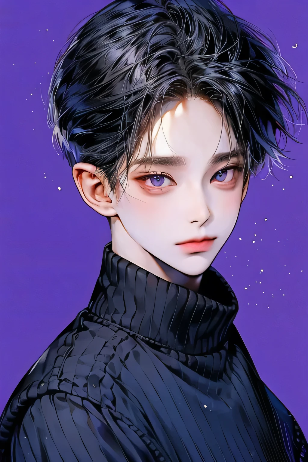 masterpiece, best quality, Detailed Eyes, high quaility, 1 male, male, 1 boy, gentle, soft, handsome, tall, black hair, purple eyes, have a broad shoulders, One person, a hadsome man, Korean man, cool man, undercut, ((짧은 머리)), skinny, ((simple backgroud)), 테크웨어를 입고 있어