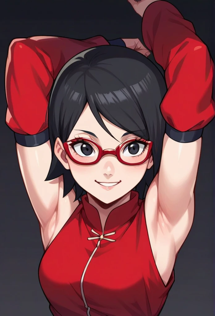 score_9, score_8_above, score_7_above, source_animated, Sarada Uchiha,  short hair,  black hair ,  black eyes , Red-framed glasses, glasses, swept bangs,  looking at the spectator,  eye contact with the spectator, smile, presumed, boca cerrada, light blush,  bare shoulders , detachable sleeves, black detachable sleeves, cremallera, dress, red dress,  black background , arms above,  Arms raised , armpits