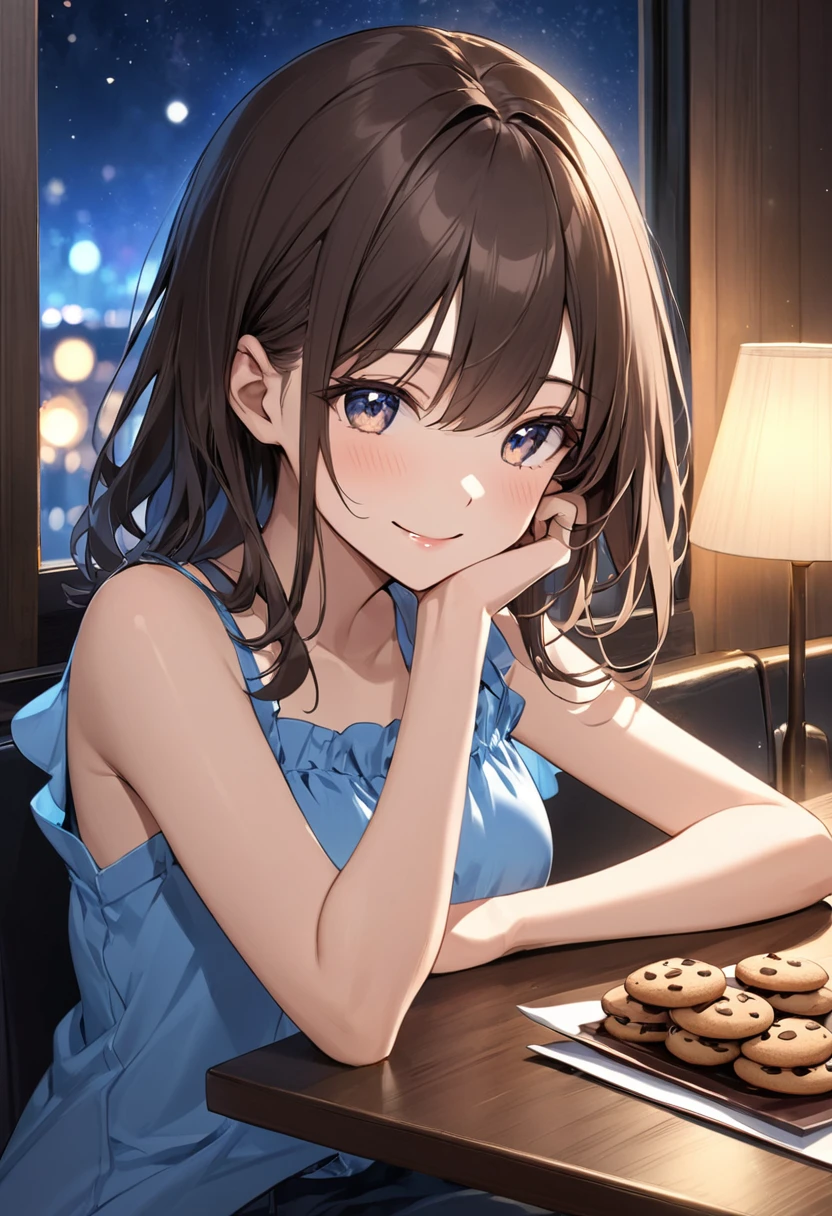 lyrics, until, Girl alone, half body, , sitting at the table of a restaurant cookies and chocolate on the table, loose dark brown hair , long with a white bow on one side , beautiful face childish and smiling look , you can't see much your lips flirtatious expression , wears a casual blue blouse close to the body with bare shoulders, hair in two shades , with one elbow raised on the table and the other hand on the chin . It&#39;s night time, You can see the night light through the windows