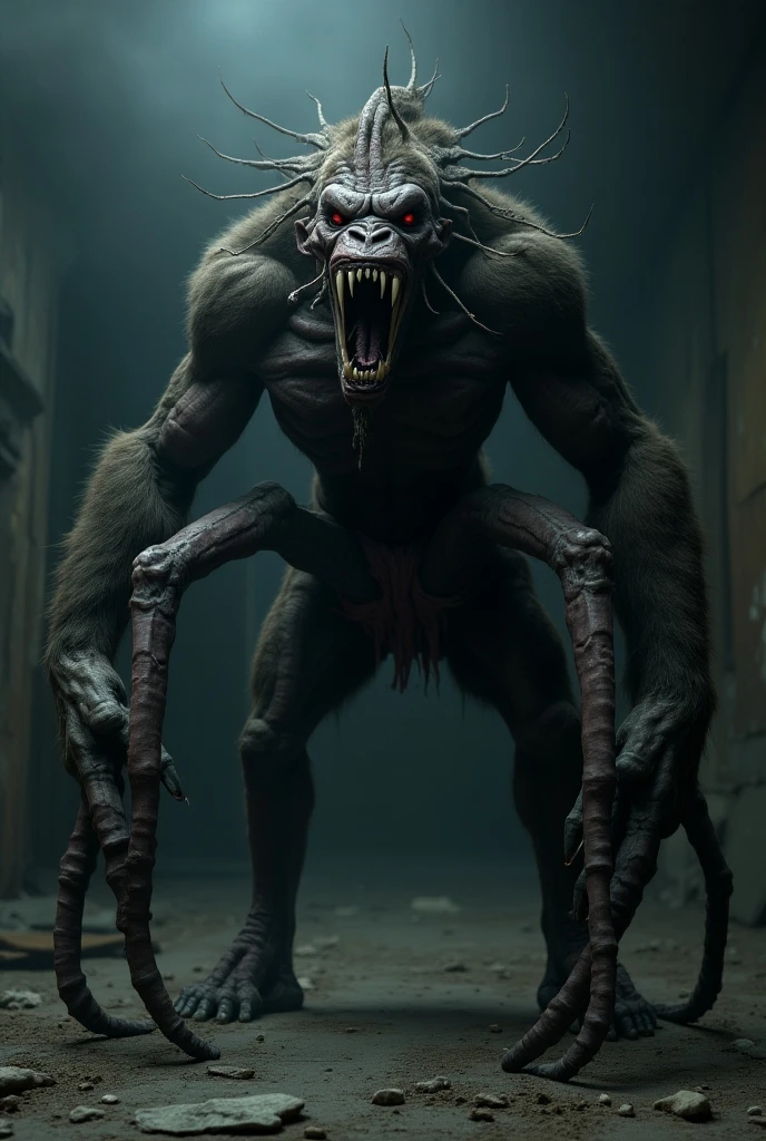 hyper realistic candid photo of a male hairy fur rex alien monster, looking at viewer, sitting, legs apart, angry soldier, scifi space station, standing, dynamic pose, analog style, masterpiece, heartbroken, dutch angle, portrait+, cinematic