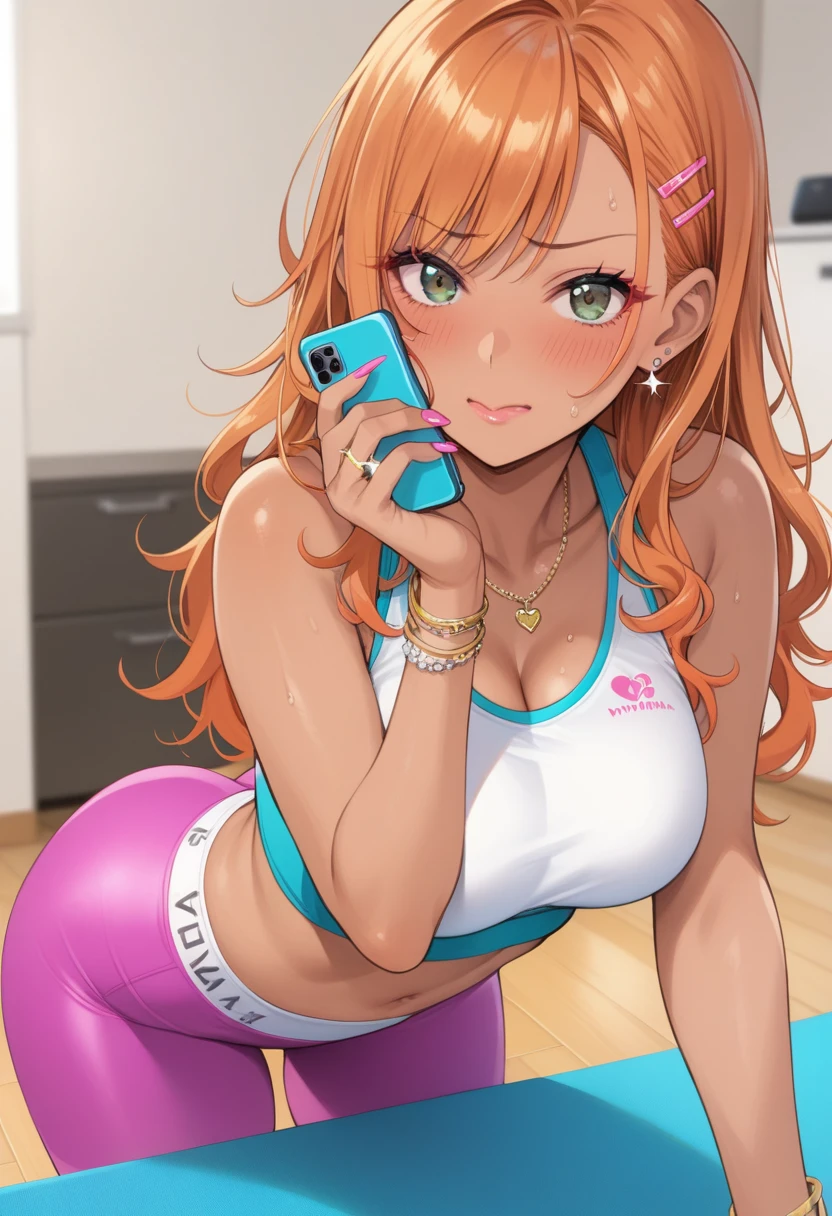 score_9, score_8_up, score_7_up, source_anime, bowlegged pose, arisugawa natsuha, long hair, orange hair, grey eyes, 1girl((sexy girl ,gyaru))nsfw,glamorous, yoga wear.point the smart phone,embarrassed,blush,looking at viewer