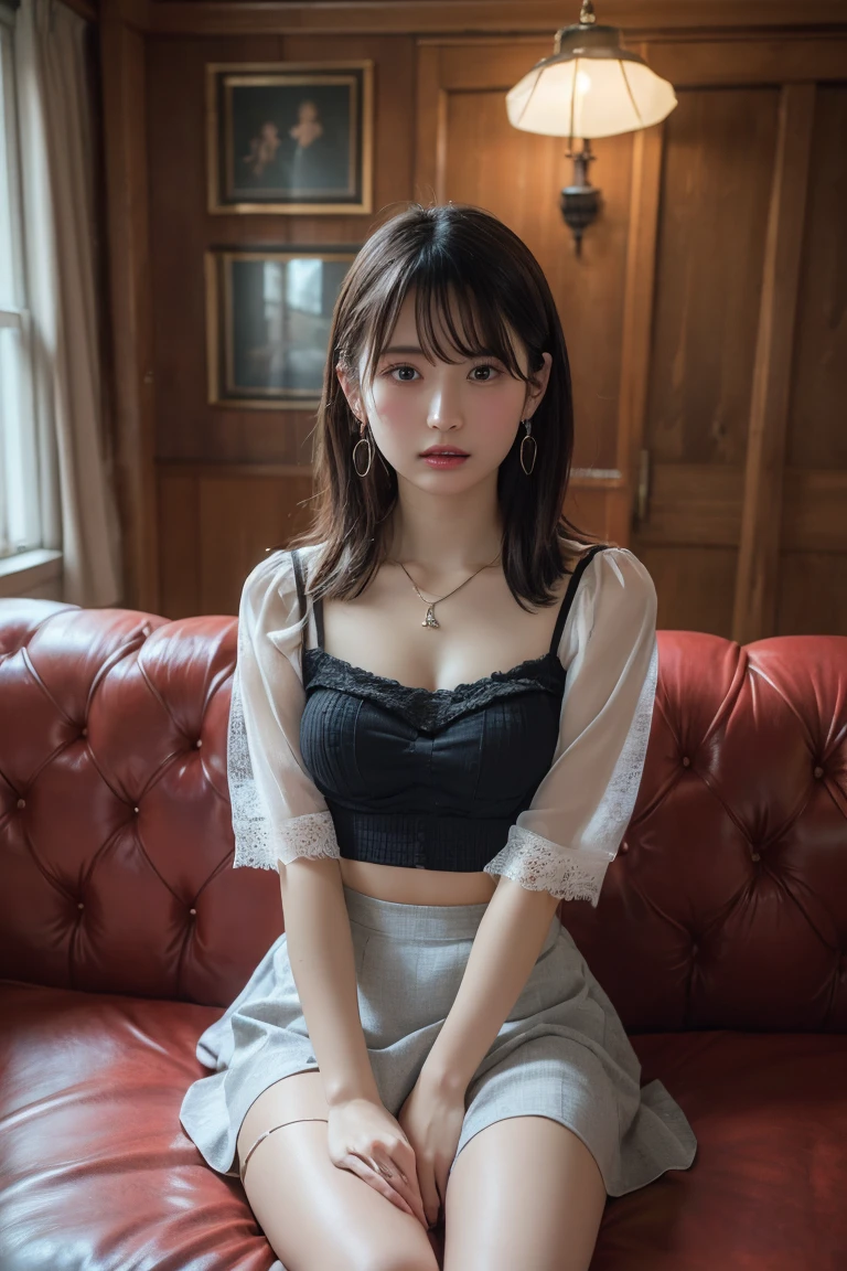 (Highest quality,8k,High resolution,masterpiece:1.2),Digital Art, girl，Delicate face，Delicate eyes，Dark brown hair，Short Straight Hair，Sparkling amber eyes，Red lips，Suspender long skirt，particle，Dust，Warm colors，shy，in love，Eevee drawing，(HD Skins)，Shallow depth of field，Film Photography
