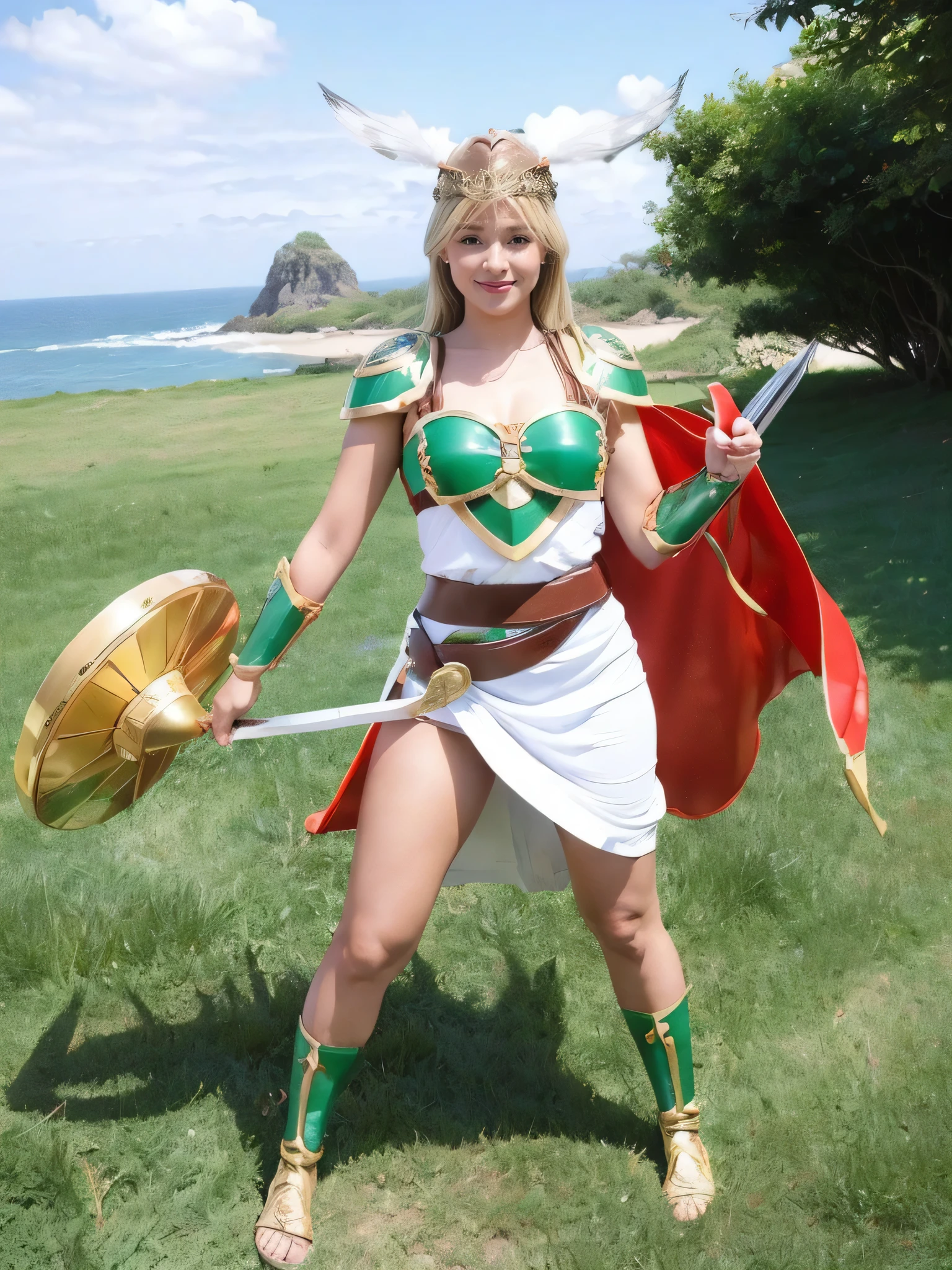  tall and cute idol knight girl、whole body、Good style、Tanned thick legs、、gold and green armor suit 、（ passionate red cloak）、 pretty and clean idol face、Blonde、 ocean、 Valkyrie、White mini skirt、Sandals、、 helmet 、sword、shield、 Fighting Pose