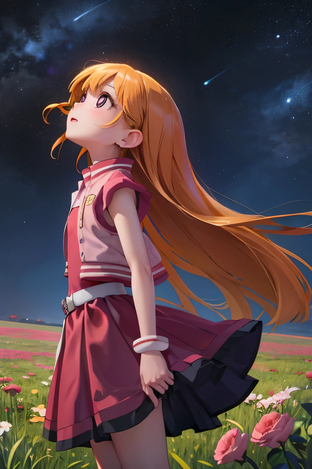 There is a girl Standing in a field of flowers looking up at the sky, a girl Standing in a field of flowers, A girl walking in a field of flowers, Lost in a dreamy wonderland, Standing in a field of flowers, Fantastic digital painting , The sky is gradually clearing up, The starry sky gradually recedes