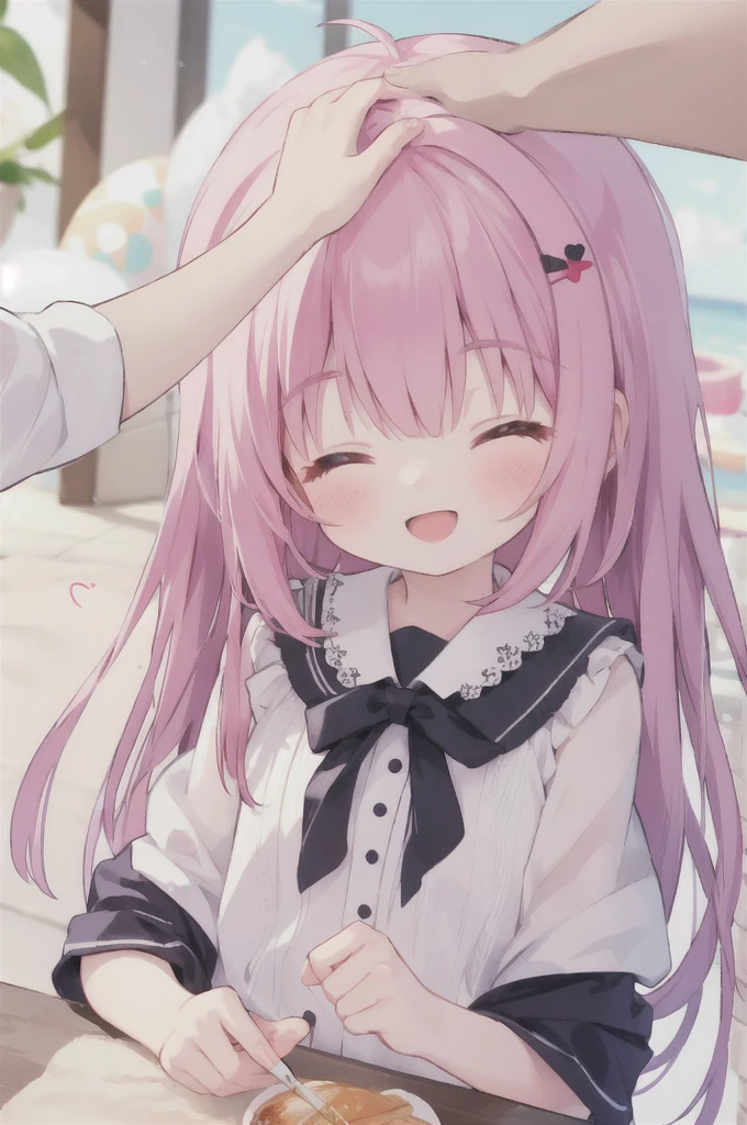 1 girl, headpat, The heart speaks out, Close your eyes,  smileopen mouth ,  happy 
