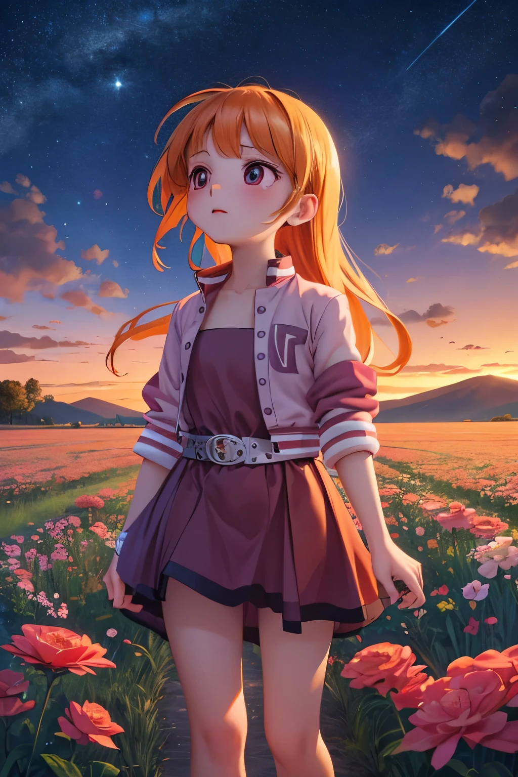 There is a girl Standing in a field of flowers looking up at the sky, a girl Standing in a field of flowers, A girl walking in a field of flowers, Lost in a dreamy wonderland, Standing in a field of flowers,  Fantastic digital painting  , The sky is gradually clearing up, The starry sky gradually recedes  