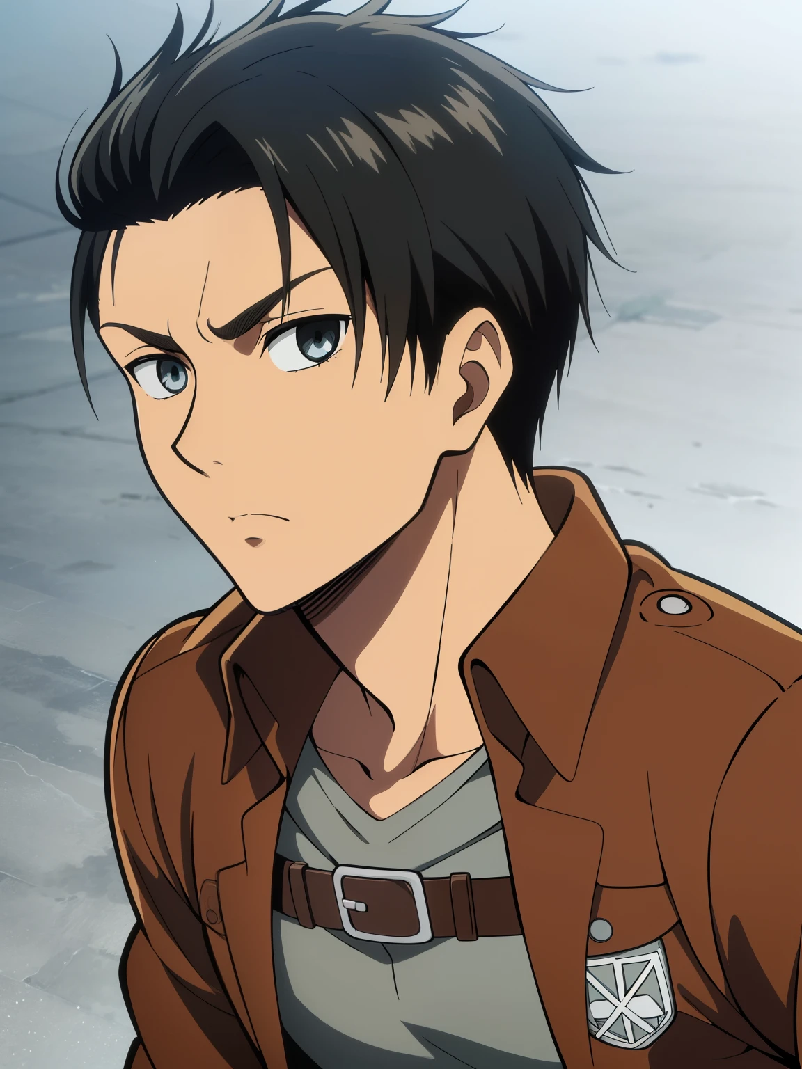 (high-quality, breathtaking),(expressive eyes, perfect face) 1boy, male, solo, portrait, narrow eyes, kind face, neutral expression, aot style, portrait, stylized hairstyle, Symmetrical Eyes, black hair, brown eyes, teenager, masculine, grey background, brown jacket, long sleeves, black shirt, belt, pants, attack on titan clothing, mappastyles4, three-dimensional maneuver gear, spiky hair, spiked up hairstyle, dark tanned skin, half closed eyes, looking at viewer, attack on titan, emiya_shiro
