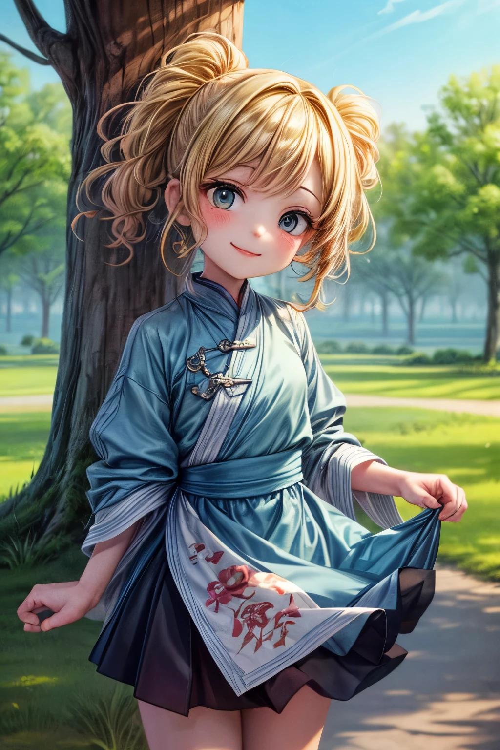 shukezouma, negative space, , shuimobysim , portrait of a woman standing , willow branches, (masterpiece, The best quality:1.2), traditional Chinese ink painting, Modelshoot style, peaceful, (smile), looking at the spectator, usar Hanfu largo, Hanfu, Song, willow tree in the background , wuchangshuo,