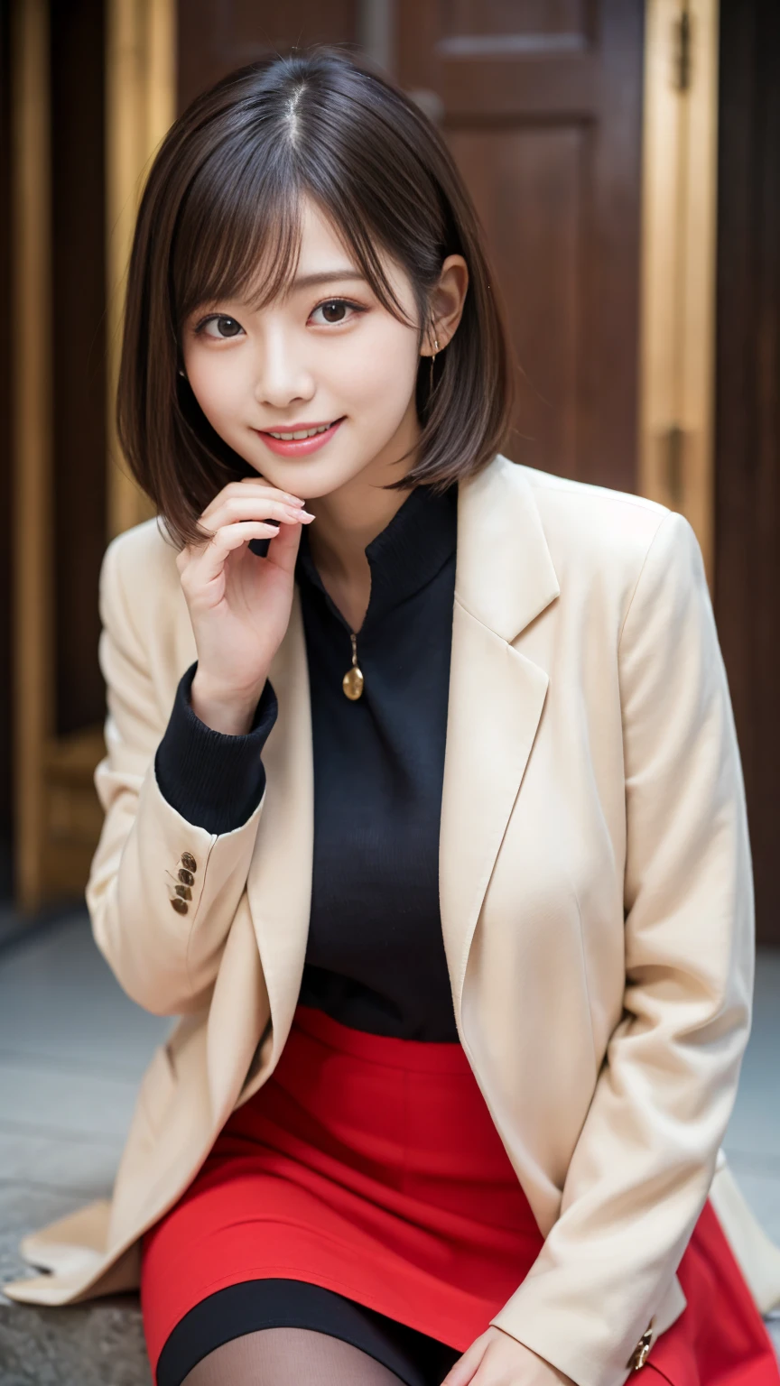 キュートなsmile、 1 girl, Alone,  pantyhose that make you feel luxurious, Black short hair、, Sit-in,  Brown Eyes , skirt,  watching viewers , ペンシルskirt,, (( jacket is red )),  s office , shirt, bangs, , 白shirt,  ブラックskirt ,   hair between eyes ,  long sleeve ,  put your hand on your face,  open lips,  pantyhose that make you feel luxurious, suit,  big breasts at the temple,  clevis, formal, smile, Black  pantyhose that make you feel luxurious,  open your mouth , Touching cheeks with both hands, a beauty girl ,In 8K,  super A high resolution , RAW Photos, (masterpiece:1.2), (Best Quality:1.2), Realistic,  photorealistic,  sharp concentration,professional、Nogizaka idol、 KOREAN IDOL、 Sex with people 、、 Age 32 、Tall,  charming、flank、