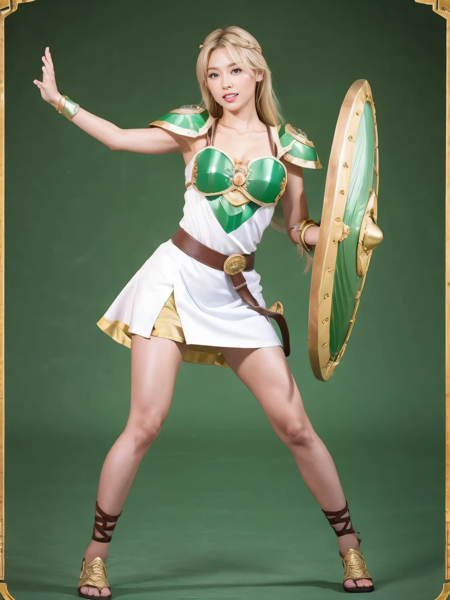  tall and cute idol knight girl、whole body、Good style、Tanned thick legs、、gold and green armor suit 、（ passionate red cloak）、 pretty and clean idol face、Blonde、 ocean、 Valkyrie、White mini skirt、Sandals、sword、shield、 Fighting Pose