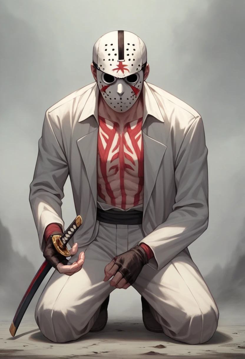 A detailed anime-style illustration of a menacing figure inspired by horror and action themes. The character is kneeling on a rough, desolate ground, wearing a hockey mask reminiscent of the classic horror icon Jason Voorhees, with black eye holes and red markings. His attire includes a worn, tattered white coat and fingerless gloves, and he holds a katana firmly in his hand, angled downward, ready for combat. The atmosphere is dark and ominous, with muted colors enhancing the eerie setting. The overall mood combines elements of horror with samurai and vigilante themes, creating a powerful visual blend of fear and strength. 8k