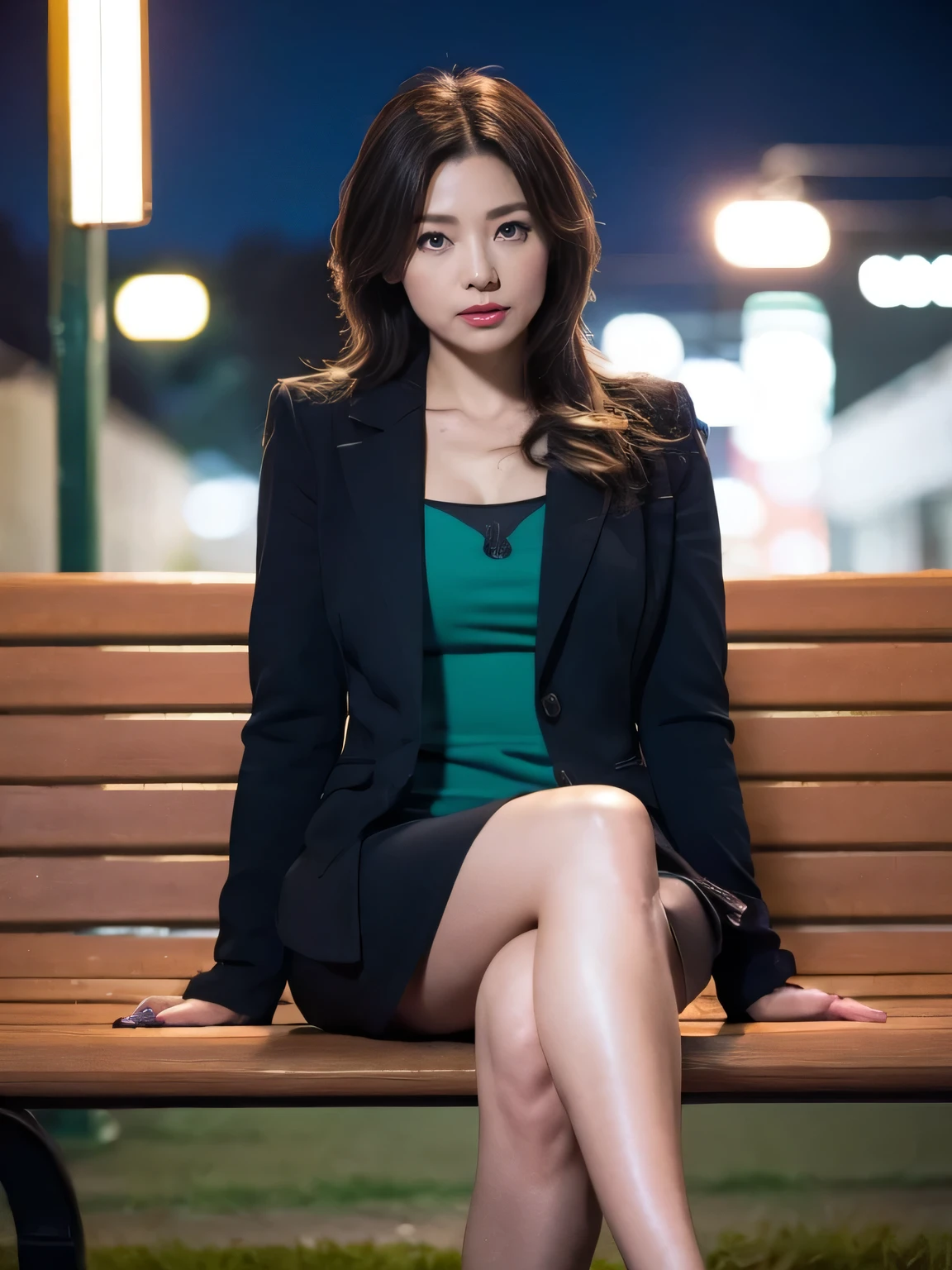 Best Quality, masterpiece, Realistic, high resolution on down, [8K RAWフォト,Alone, 1 person, Medium Length Hair 、 dark blue jacket sitting on a bench 、 Slim Body 、 Photos of Single Women 、Turn away,Green Armor、 High Heels 、 Miniskirt、((Midnight:1.5))、 Flash Shot、 Valkyrie