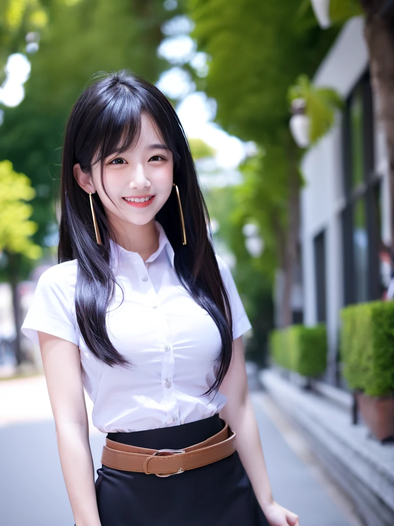 white_shirt, short sleeves, black_skirt, shirt_tucked_in, belt, High Resolution, 1girl, Looking at viewer, Black Hair, Very Long Hair, huge Breasts, Blurry, Bokeh, Masterpiece, Best Quality, High Quality, UHD, Floating Hair, Earrings, Smile, 