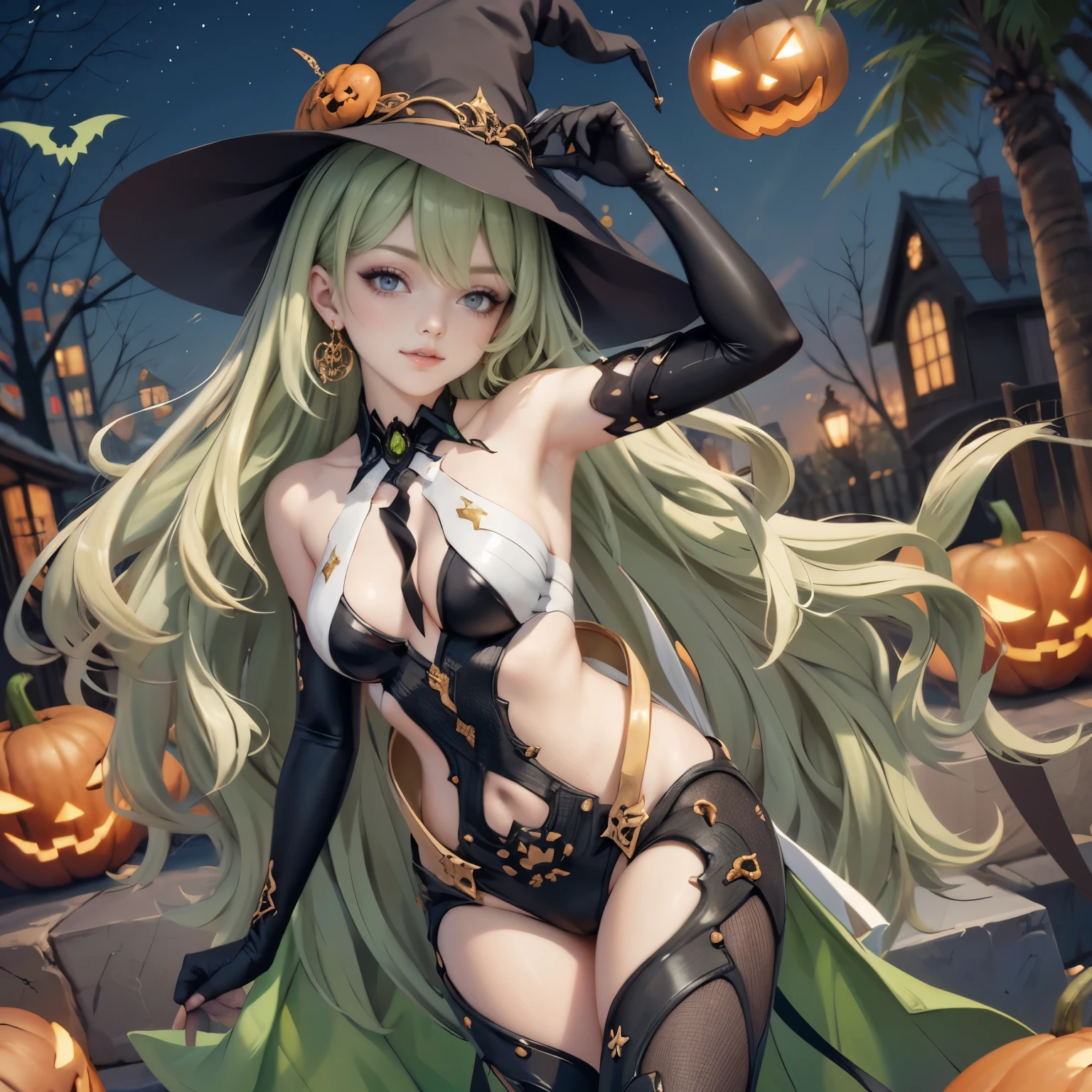 Mobius (honkai impact), honkai (series), honkai impact 3rd, asymmetrical gloves, bangs, earrings, elbow gloves, solo, gloves, green eyes, green hair, hair between eyes, jewelry, long hair, looking at viewer, 1girl, dress, jewelry, blonde hair, glow hair, flowing hair, ahoge, armpits, witch hat, witch costume, bare shoulders, glow eyes, witch costume for Halloween, Halloween theme, chest sarashi, claw pose, tassel, collarbone, cowboy shot, cute ghost, hair between eyes, hair intakes, halloween, halloween costume, huge ahoge, long hair, looking at viewer, midriff, multicolored hair, witch dress, witch hat on her head, smile, solo, stomach, strapless, streaked hair, thigh gap, thighs, tube top, very long hair, pumpkin lantern, candle, cemetery scenery 