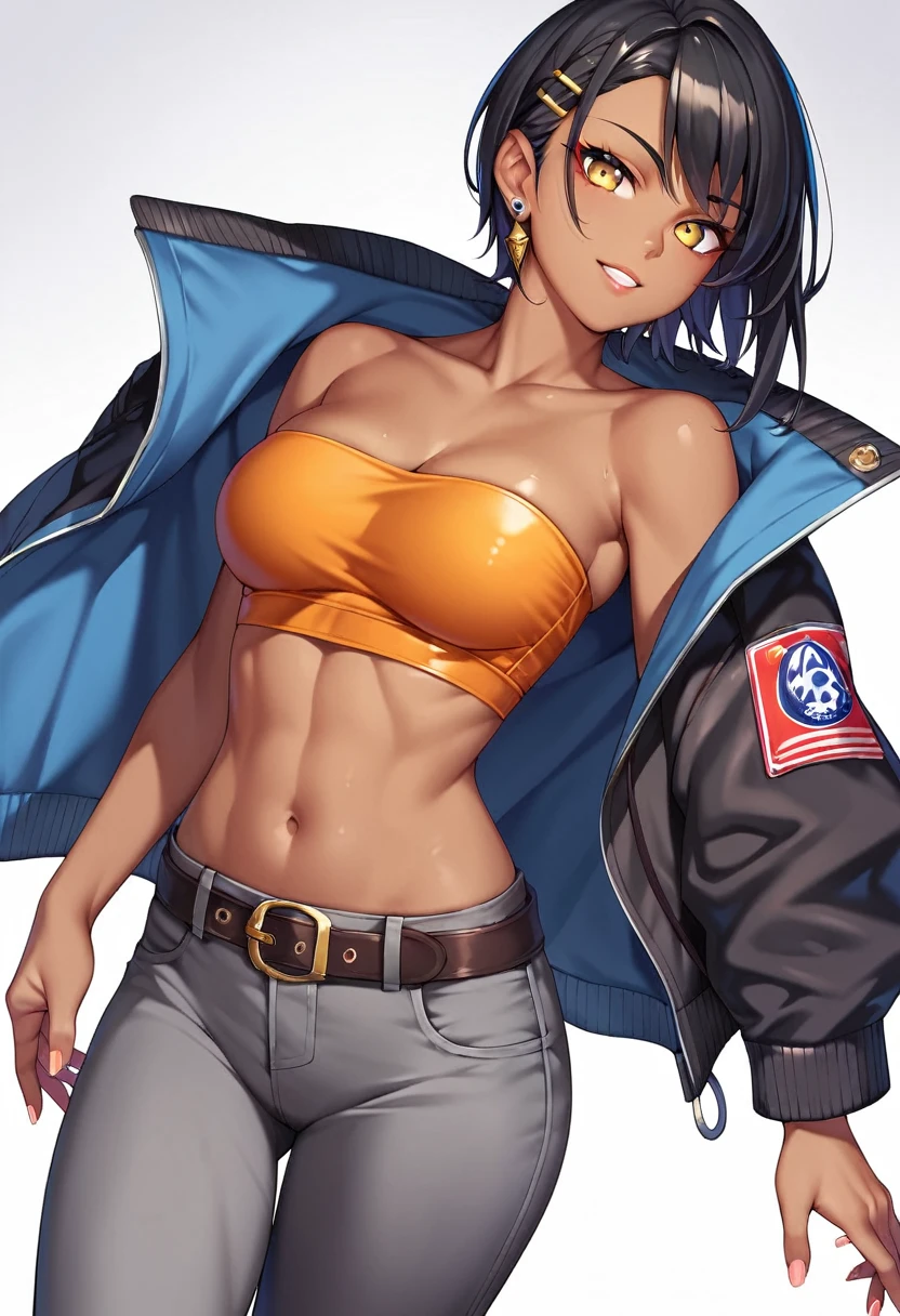 1girl, spiked hair, very short hair, yellow eyes, tan, tan skin, tan-skinned female, black hair, tomboy, pixie cut, huge breasts, shirt, jacket, black jacket, short pants, shorts, hourglass figure, thick thighs, smile, smirk, smug