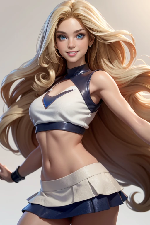 Young woman,  Long Blonde Hair ,  blue eyes ,  bright lips,  smiling with seduction, jersey crop top , short skirt,  Dynamic Pose , confident expression, face to the camera,  masterpiece , super detail,  lyrics,  plain white background , without patterns, No textures. 