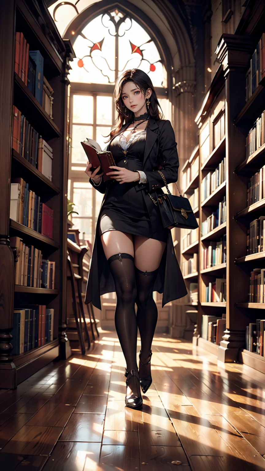 ((Biologically correct limb count))、((Full Body Shot, Full-body photo including face、Head to toe photos))、4K、masterpiece、((Focus on the face))、((Symmetrical facial features))、Eyes of meticulous depiction、One beautiful woman、Excellent style、((Lingerie with latex tights and garter belt、High heels))、Detailed Description、Small earrings、necklace、Low - Angle、Looking back and looking up、(((足のBook数は2Book)))、Serious expression、Close-up photo of the whole body、Early morning park scenery