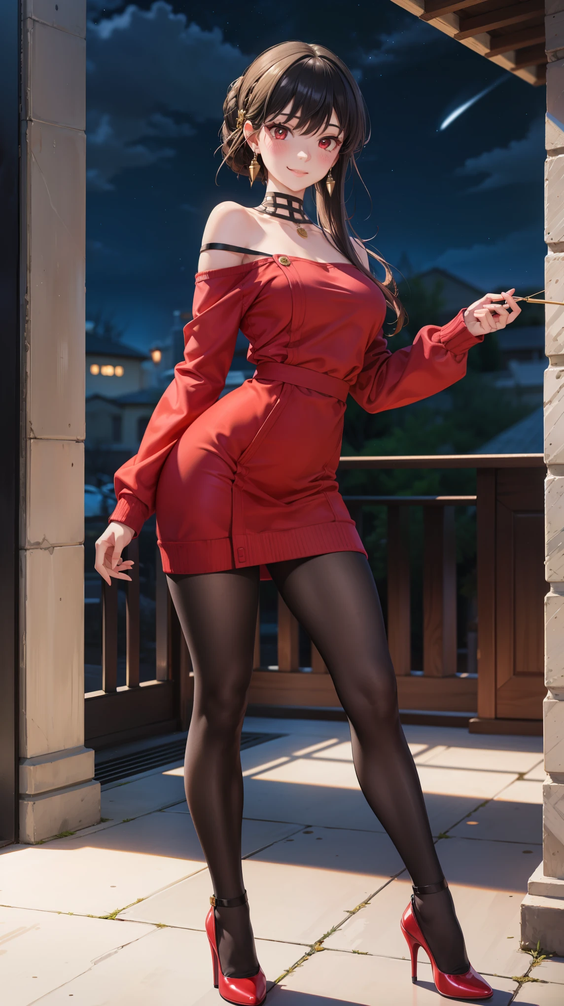 Masterpiece, ultra detail, high quality, 8k cg, blush, bright eyes, standing, outdoors, smile, (night:1.5), slim body, narrow waist,medium breast,yor briar, long hair, black hair, red eyes, off shoulder, red sweater dress, pantyhose, earrings (escotada) (heels) (desnuda) ( exposed skin) ( shiny ceramic skin ,  pushed out of the background ,  front view , brightly illuminated , ultra realista)) obra maestra, La mejor calidad, (pechos medianos)