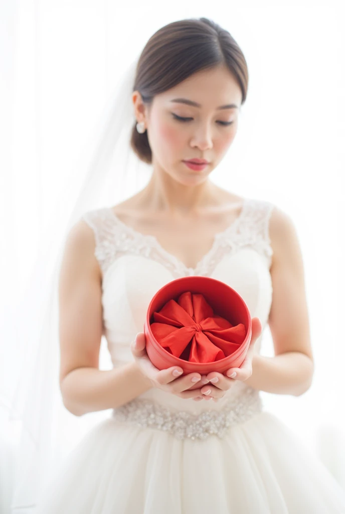  A young bride ，Chinese，White Wedding Dress，Natural Light， white background ， holding a red round box with her hands ， The lens is close to the red round box， The inside of the box is a wedding candy ， occupies the middle part of the image ，Don't show your head，Full fingers，Close shot， The round box is big ，Legless ，Big Breasts
