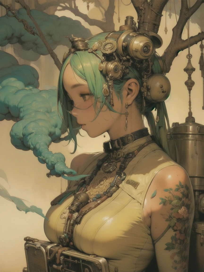 there is a woman in a gas mask and green dress holding a card, steampunk beautiful anime woman, cushart krenz key art feminine, mechanized witch girl, steampunk fantasy style, 2. 5 d cgi anime fantasy artwork, detailed steampunk illustration, digital steampunk art, anime fantasy artwork, like lady mechanika, high quality steampunk art, a steampunk beautiful goddess