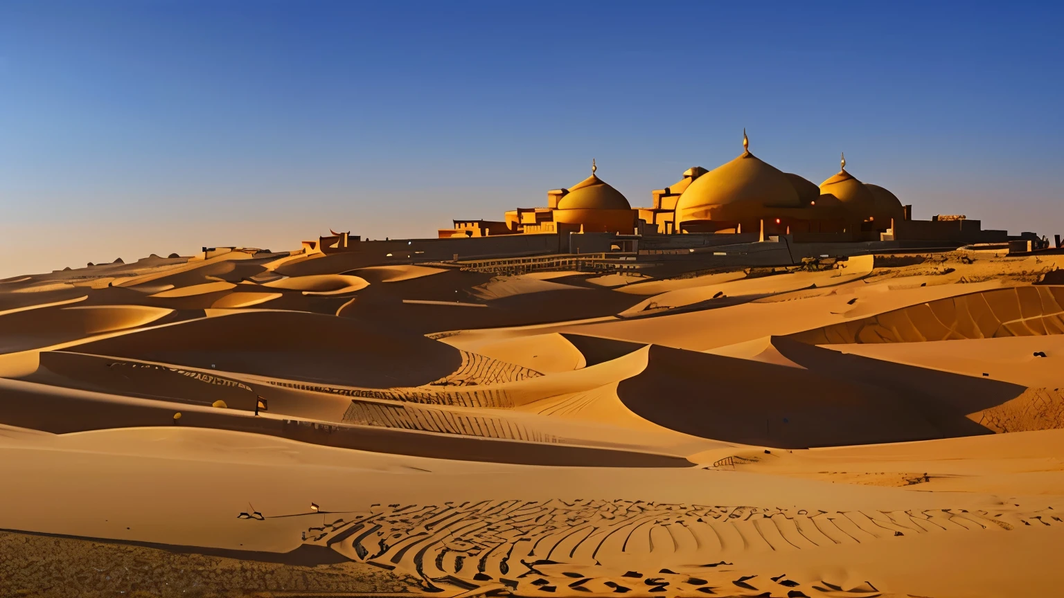 (((a scenario from the movie of aladdin )))The Arab palace is seen behind the dunes (((aladdin)))